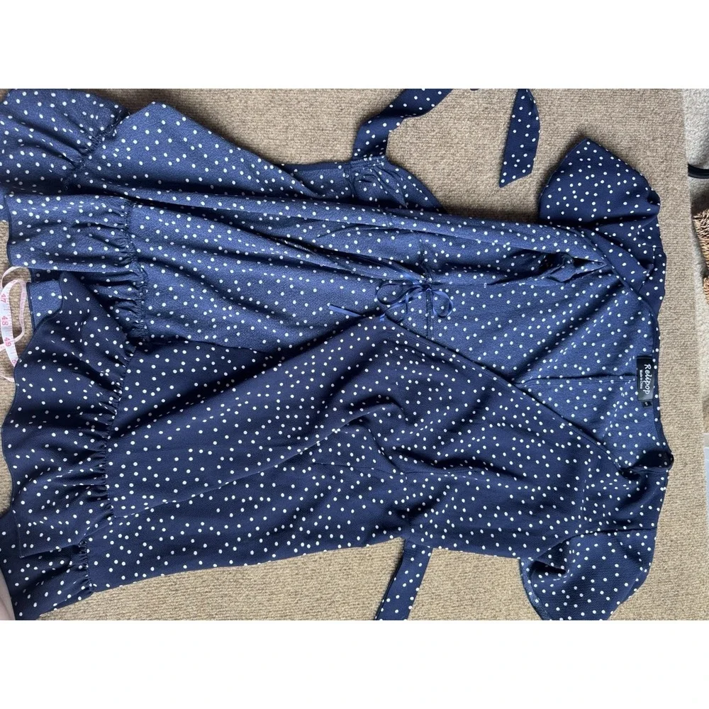 Relipop Womens Navy Blue & White Polka Dot Lightweight Wrap Sundress Dress S